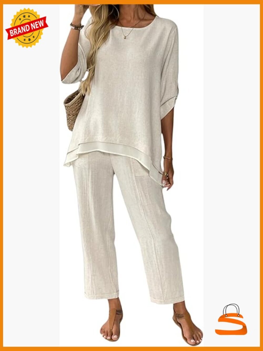Two Piece Linen Set - 3/4 Sleeve Top & Wide Leg Pants